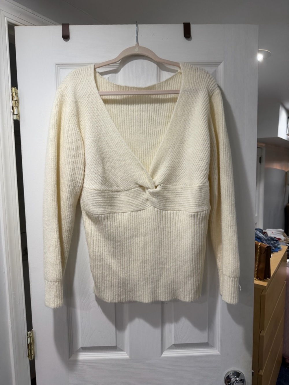 Cream Twist-Front V-Neck Sweater